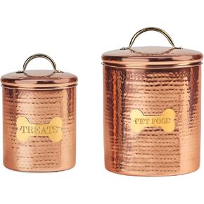 Amici Home King Charles Dog Food Canisters | Set of 2 | Airtight Lid | 38 & 104 Ounce Capacity | Farmhouse Dcor | Rustic Metal Dog Treat Jars (Copper)