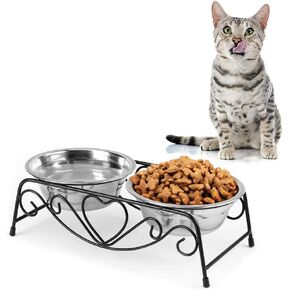 Pet Bowl, Double Cat Dog Waterer Bowls Stainless Steel Elevated Pet Water Food Feeder with Non-Slip Raised Stand for Small Dogs Cats Puppy Kitty