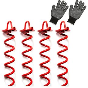 Heavy Duty 10 Inch Spiral Ground Anchors - 4 Pack, Steel Ground Screws with Folding Ring for Tent Stakes, Trampoline, Outdoor Use-Durable Red Metal Spiral Stakes - Includes Installation Gloves