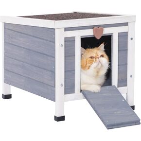 Petsfit Cat House Outdoor, Insulated High Feet + Feeding Station +Door Curtain, Wood Outside Cat House, Bunny Rabbit Hutch Gray