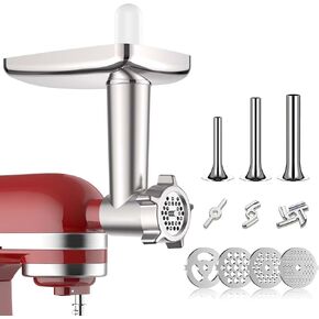 Metal Food Grinder Attachments for KitchenAid Stand Mixers, Meat Grinder, Sausage Stuffer, Meat Grinder for Kitchenaid Mixer, Includes 4 Grinding Plates, 3 Sausage Stuffer Tubes, 3 Grinding Blades