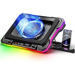 Laptop Cooling Pad Powerful Turbo Fan RGB Gaming Notebook Cooler, Moojay Laptop Fan Cooling Stand with 8 Adjustable Heights and Phone Holder, for 14-19 Inch Laptops - Blue LED Light