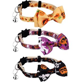 3pcs Halloween Cat Collar, Breakaway Kitty Collar with Bell Bow Tie Cute Kitten Collar Adjustable Holiday Pumpkin Bats Kitten Collar Decoration Accessories for Cat Puppy Kitten