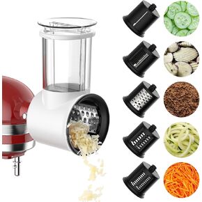 Slicer Shredder Attachment for Kitchen Aid Stand Mixer, Cheese Grater Attachment for Kitchen Aid Stand Mixer, Salad Maker Accessory, Food Processor with 5 Blades by FGREEBLE, High Volume, White