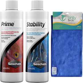 Prime and Stability 250ML for Fresh and Marine Aquariums Including Trinity Treats Microfiber Cleaning Cloth(Stability Fish Tank Stabilizer, Prime Water Conditioner)