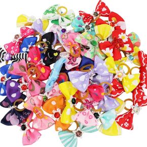 QUUPY 20PCS Pet Hair Bows Tie Dog Hair Bows Multicolor Cat Dog Bows Rhinestone Beads Flowers Topknot Puppy Rubber Bands Hair Grooming Accessories