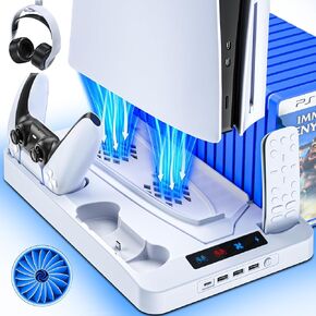 PS5/PS5 Slim Stand with Cooling Station, PS5 Stand with Controller Charging Station for Disc & Digital Console, PS5 Accessories-Cooling Fan, RGB LED, 3 USB Hub, Headset Holder, Media Slot,15 Game Slot