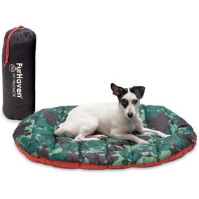 Furhaven Outdoor Travel Dog Bed for Small Dogs w/ Carry Bag, Washable & Foldable, Great for Crates & Kennels - Trail Pup Travel Pillow Mat w/ Stuff Sack Bag - Paprika/Camo-Paw, Small