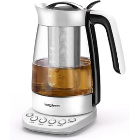 Electric Glass Tea Kettle with Infuser, 1.7L Fast Boiling, Stainless Steel, Temperature Control Tea Maker, Non-BPA - Easy Lid Removal & Keep Warm Feature, White