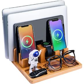 Wood Phone Docking Station for Men, Nightstand Organizer - Wood Charging Station for Cell Phone, Watch, Laptops, Tablets, Birthday gifts for Men or Dad - Idea for Anniversary - No Assembly