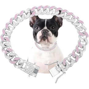 Cuban Dog Chain with Secure Buckle, Pink White Crystal Choke Collar Dog Metal Training Chain Walking Necklace for for Small Medium Large Dogs Cats
