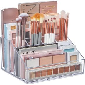 STORi Chloe Stackable Clear Makeup Holder and Double Organizer Drawer Set | Organize Cosmetics and Beauty Supplies | Made in USA