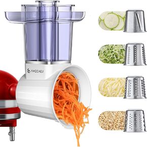 AMZCHEF 70mm Oversized Feed Chute Slicer/Shredder Attachment for KitchenAid Stand Mixers - Featuring 4 Food Grade Blades,304 Stainless Steel, Dishwasher Safe, Professional Cheese Grater,White