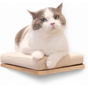 Cat Shelves Wall Mounted Cat Step with Cushion Wooden Cat Climbing Shelf Cat Wall Furniture for Sleeping and Playing 11.8"x10.2", Support to 40 LBS(White Oak)