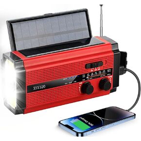 FM/AM/NOAA Weather Radio Hand Crank Self Powered Solar Emergency Radios with 3 LED Flashlight 2000mah Power Bank Smart Phone Charger (Red)