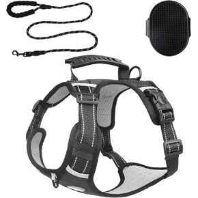 [3 in 1] Heavy Duty Dog Harness, No-Pull Reflective Tough Trim Harness for Small, Medium & Large Dogs - Military Grade Nylon, 2 Leash Clips & Handle with Padded Leash and Brush (Yellow, Medium)