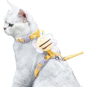 Cat Harness and Leash Set for Outdoor Travel Walking Escape Proof Soft Safe Adjustable Kitten Puppy Small Strap Kitty Cute Bee Wings Yellow S