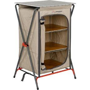 Lippert Dark Grey Outdoor Folding Camping Pantry with Three Storage Shelves, 600D Polyester Fabric, Powder-Coated Steel Frame, Aluminum Slat Top, Collapsible Design - Sand #2023053723