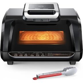 Indoor Grill Air Fryer Combo - 7-in-1 Smokeless Electric Air Grill with See-Through Window, Non-Stick Removable Plates, Even Heat, and Silicon Tongs - 4Qt, 1750W, Up to 450°F