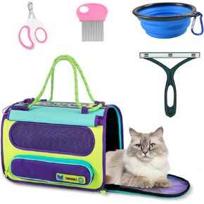 Pet Travel Carrier by Airplane Approved Under seat, TSA Airline Approved Cat Carrier, with Flea Comb, De-Shedder, Feeding Bowl, Double Holes Cat Nail Clippers, Purple