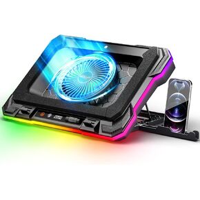 Laptop Cooling Pad Powerful Turbo Fan RGB Gaming Notebook Cooler, Moojay Laptop Fan Cooling Stand with 8 Adjustable Heights and Phone Holder, for 14-19 Inch Laptops - Ice Blue LED Light