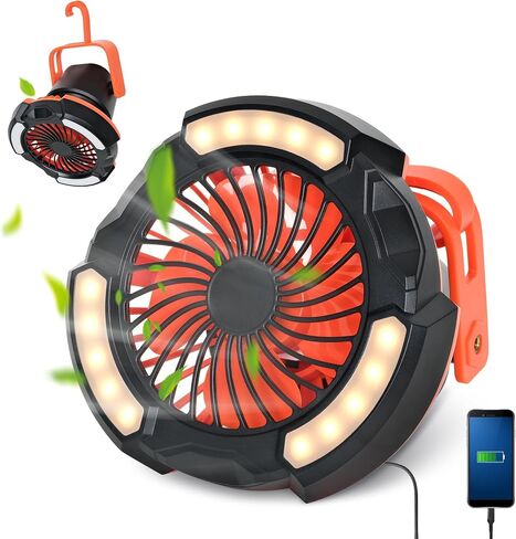 10400mAh Camping Fan with LED Lantern, Battery Operated Powered Fan with Hang Hook, Mobile Power Bank, 180°Head Rotation, Rechargeable Fan Portable for Picnic, Barbecue, Fishing, Travel, Home (Orange) in Saudi Arabia