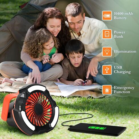 10400mAh Camping Fan with LED Lantern, Battery Operated Powered Fan with Hang Hook, Mobile Power Bank, 180°Head Rotation, Rechargeable Fan Portable for Picnic, Barbecue, Fishing, Travel, Home (Orange) in Saudi Arabia