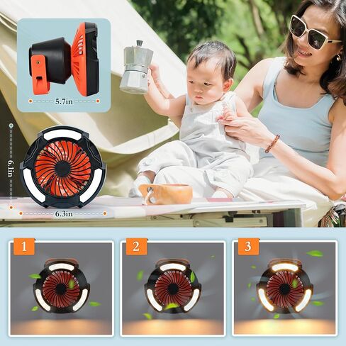 10400mAh Camping Fan with LED Lantern, Battery Operated Powered Fan with Hang Hook, Mobile Power Bank, 180°Head Rotation, Rechargeable Fan Portable for Picnic, Barbecue, Fishing, Travel, Home (Orange) in Saudi Arabia