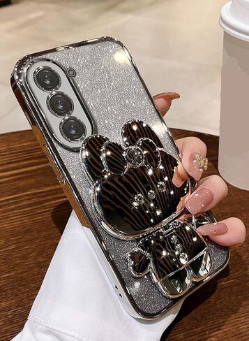 حافظة لهاتف سامسونج جالاكسي A54 5G للنساء، حامل مرآة على شكل أرنب مخفي لطيف، طلاء بناتي لامع بطبقة متدرجة من السيليكون الناعم المقاوم للصدمات لهاتف سامسونج A54 فضي in Kuwait