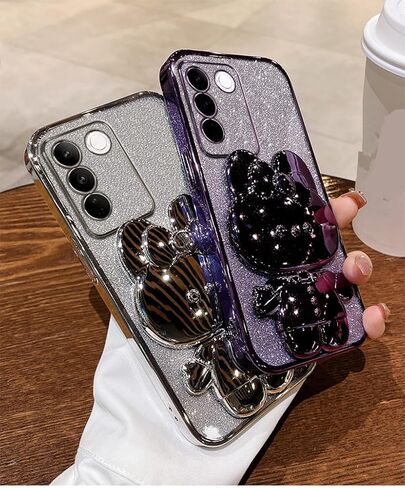 حافظة لهاتف سامسونج جالاكسي A54 5G للنساء، حامل مرآة على شكل أرنب مخفي لطيف، طلاء بناتي لامع بطبقة متدرجة من السيليكون الناعم المقاوم للصدمات لهاتف سامسونج A54 فضي in Kuwait