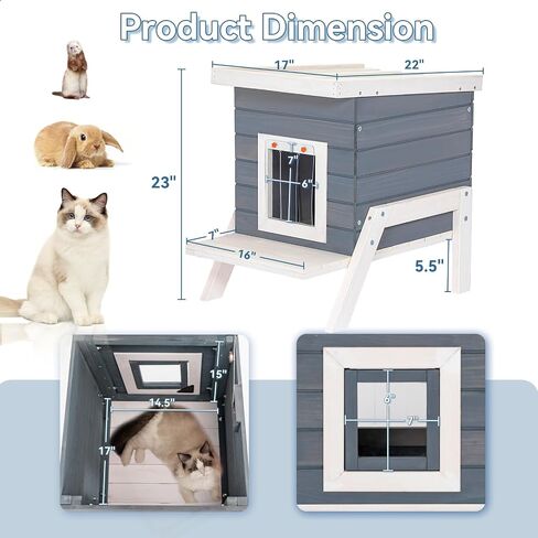 Petsfit بيت القطط في الهواء الطلق، معزول بأقدام عالية + محطة تغذية + ستارة باب، بيت خشبي خارجي للقطط، قفص أرنب رمادي in Kuwait