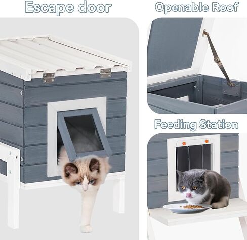 Petsfit بيت القطط في الهواء الطلق، معزول بأقدام عالية + محطة تغذية + ستارة باب، بيت خشبي خارجي للقطط، قفص أرنب رمادي in Kuwait