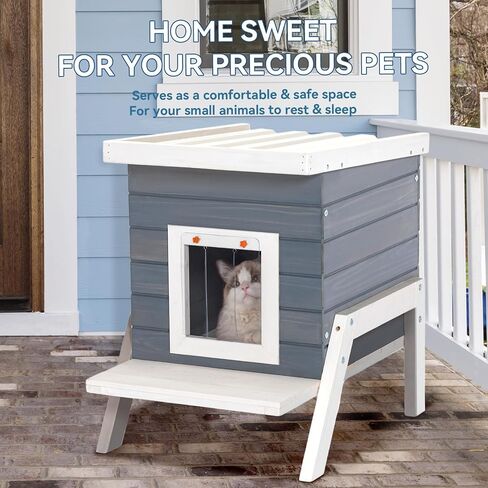 Petsfit بيت القطط في الهواء الطلق، معزول بأقدام عالية + محطة تغذية + ستارة باب، بيت خشبي خارجي للقطط، قفص أرنب رمادي in Kuwait
