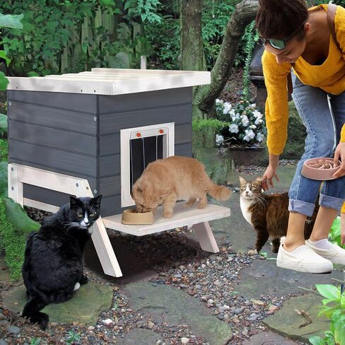 Petsfit بيت القطط في الهواء الطلق، معزول بأقدام عالية + محطة تغذية + ستارة باب، بيت خشبي خارجي للقطط، قفص أرنب رمادي in Kuwait