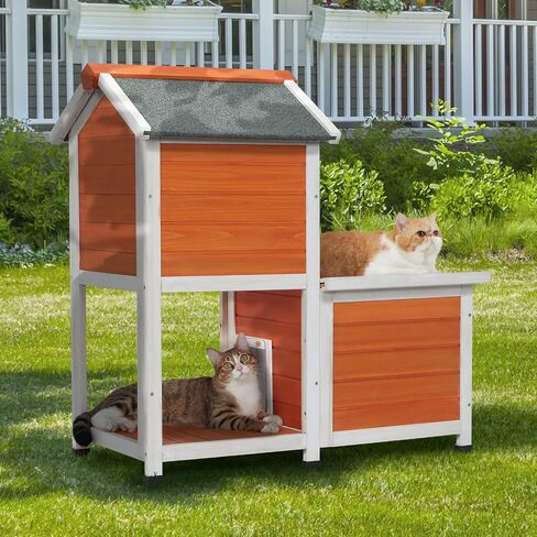 Petsfit بيت القطط في الهواء الطلق، معزول بأقدام عالية + محطة تغذية + ستارة باب، بيت خشبي خارجي للقطط، قفص أرنب رمادي in Kuwait