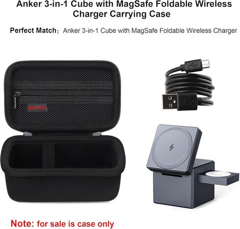 حقيبة حمل Elonbo لمكعب Anker 3 في 1 مع MagSafe، شاحن لاسلكي قابل للطي بقدرة 15 وات بحد أقصى، غطاء تخزين للسفر، حقيبة منظم لمحطة الشحن، جيب شبكي يناسب الشاحن باللون الأسود in Kuwait