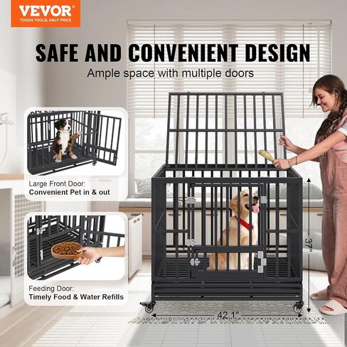 VEVOR 42 Inch Heavy Duty Dog Crate, Indestructible Dog Crate, 3-Door Heavy Duty Dog Kennel for Medium to Large Dogs with Lockable Wheels and Removable Tray, High Anxiety Dog Crate for Indoor & Outdoor in Saudi Arabia