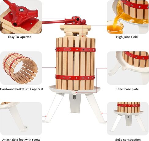 Manual Fruit Wine Press, 1.6 Gal Wood Steel Fruit and Wine Press, Stable Triangular Structure, Wine Making Press for Outdoor, Kitchen, Manual Assembly Required, with T-Handle in Saudi Arabia