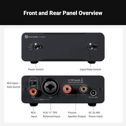 مضخم صوت Fosi Audio Two V3 Mono لمكبرات الصوت المنزلية، مكبر صوت صغير أحادي الكتلة فئة D مع TPA3255، 240 وات لمكون مستقبل AVR للمسرح المنزلي، مدخلات متوازنة RCA/XLR طاقة 48 فولت/10 أمبير in Kuwait