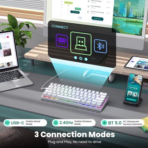 60% Wireless Gaming Keyboard, 2.4G/Type-C/Multi-Device Bluetooth Keyboard- RGB Backlit- Clicky Blue Switch, 61 Keys Rechargeable Mini Mechanical Keyboard for iPad Mac Windows Xbox, Portable for Travel in Kuwait