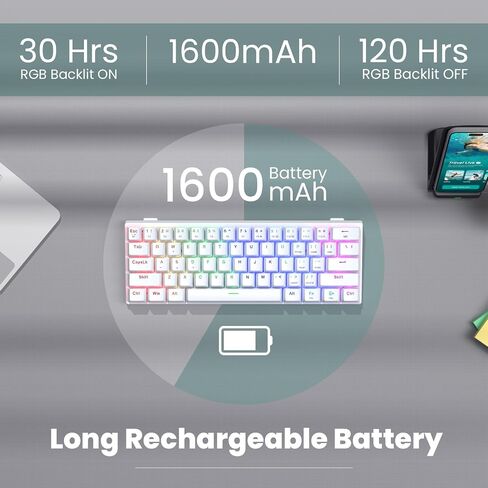 60% Wireless Gaming Keyboard, 2.4G/Type-C/Multi-Device Bluetooth Keyboard- RGB Backlit- Clicky Blue Switch, 61 Keys Rechargeable Mini Mechanical Keyboard for iPad Mac Windows Xbox, Portable for Travel in Kuwait