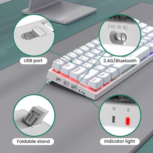 60% Wireless Gaming Keyboard, 2.4G/Type-C/Multi-Device Bluetooth Keyboard- RGB Backlit- Clicky Blue Switch, 61 Keys Rechargeable Mini Mechanical Keyboard for iPad Mac Windows Xbox, Portable for Travel in Kuwait