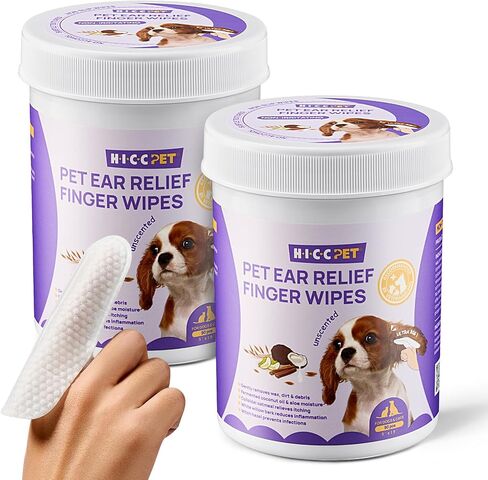 HICC PET Ear Finger Wipes for Dogs & Cats - Gently Remove Ear Wax, Debris - Sooths & Deodorizes - Relieve Ear Itching & Inflammation, All Natural Ingredients, Fragrance Free - 100 Count in Kuwait