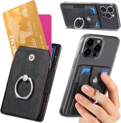 LBYZCASE Slim Phone Credit Card Holder with Ring, Adhesive Pouch for iPhone 15/14/13/12,Samsung Galaxy S24/S23/A15/A54/A35 5G, Google Pixel 8a,Moto,BLU,Nokia,etc (Black) in Saudi Arabia