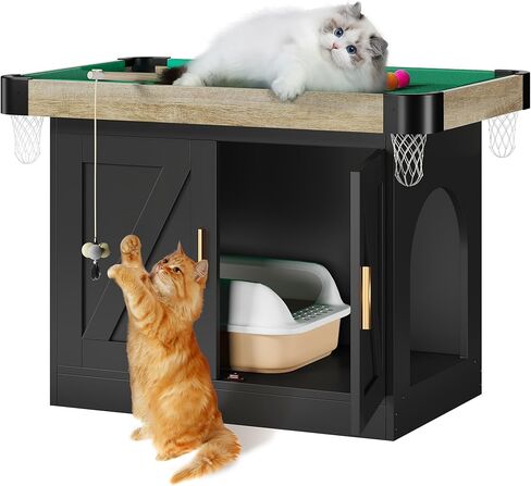 DWVO 4 in 1 Cat Toys Mini Pool Table for Cats, Litter Box Enclosure for Cat Pool Table Tower with Feather Wand Interactive Exercise Play Rest Beds & Litter Box Furniture, Black, Medium in Saudi Arabia