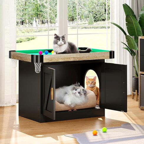 DWVO 4 in 1 Cat Toys Mini Pool Table for Cats, Litter Box Enclosure for Cat Pool Table Tower with Feather Wand Interactive Exercise Play Rest Beds & Litter Box Furniture, Black, Medium in Saudi Arabia