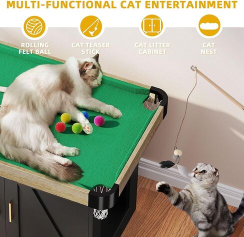 DWVO 4 in 1 Cat Toys Mini Pool Table for Cats, Litter Box Enclosure for Cat Pool Table Tower with Feather Wand Interactive Exercise Play Rest Beds & Litter Box Furniture, Black, Medium in Saudi Arabia