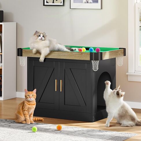 DWVO 4 in 1 Cat Toys Mini Pool Table for Cats, Litter Box Enclosure for Cat Pool Table Tower with Feather Wand Interactive Exercise Play Rest Beds & Litter Box Furniture, Black, Medium in Saudi Arabia