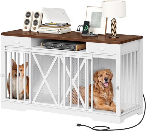 DWVO 63 Inch Double Dog Crate Furniture for 2 Dogs, Heavy Duty Wooden Dog Crate TV Stand with Charging Station, Dog Kennel Indoor Furniture Double Sliding Barn Door Design Ideal for 2 Dogs, White in Saudi Arabia