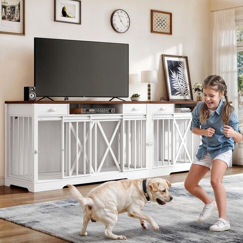DWVO 63 Inch Double Dog Crate Furniture for 2 Dogs, Heavy Duty Wooden Dog Crate TV Stand with Charging Station, Dog Kennel Indoor Furniture Double Sliding Barn Door Design Ideal for 2 Dogs, White in Saudi Arabia